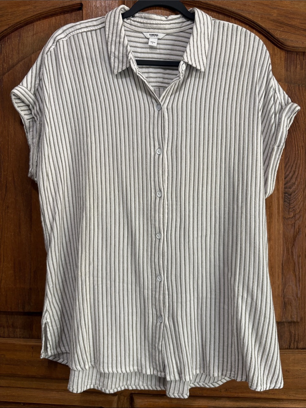 Sonoma White and Gray Striped Button-Front Short Sleeve Shirt